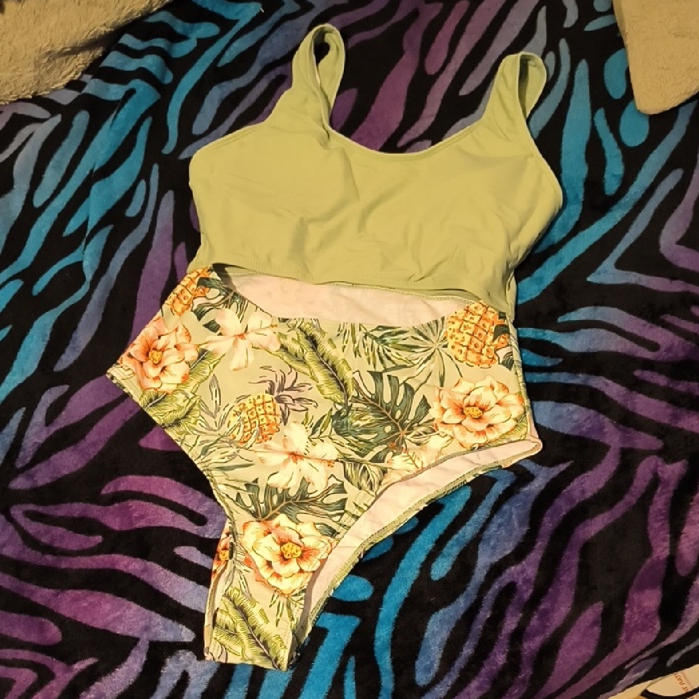 NWT SHEIN | Olive and Tropical Print One Piece Swimsuit